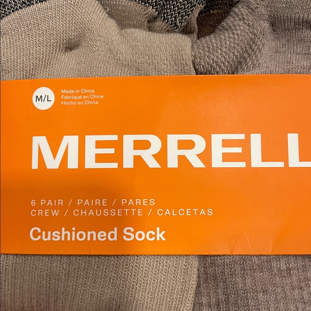 Merrell 6 Men's All-Purpose Cushioned Crew Socks Cream, Brown, NWT, M/L - Picture 2 of 8